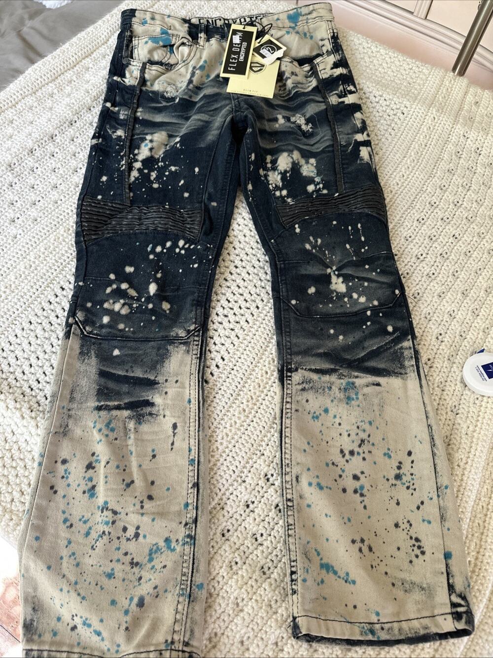 Encrypted Boys Size 12 Motor Biker Jeans Flexed Denim Slim Fit Dark Indigo Acid